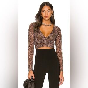 h:ours Brown Snake Print Long Sleeve Crop Top